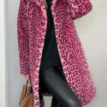 Leopard Print Lapel Long Sleeve Mid-length Plush Coat