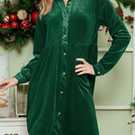 Green Long Sleeve Ruffle Velvet Button Up Shirt Dress