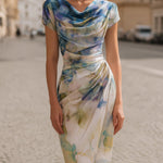 Draped Cowl-Neck Print Midi Dress