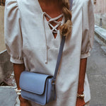 Beige Lace Up V Neck Bubble Sleeve Short Shift Dress
