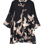 Original Crane Printed Buttoned Stand Collar Half Sleeves Blouse