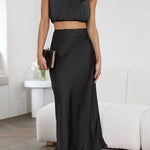 Such A Vibe High Neck Satin Drape Maxi Skirt Set
