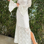 Luxe Lifestyle Lace Square Neck Bell Sleeve Lined Slit Midi Dress