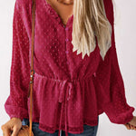 Elegant V-neck Button Tie Waist Polka Dot Blouse