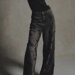 Jhenie Denim Beaded Sequin Floral Pattern Mid Rise Pocket Wide Leg Jeans