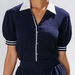 Navy Ribbed Polo Two-Piece Set ��� Preppy Retro Style For Effortless Casual Chic