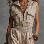 Boho Vintage Sleeveless Zip-Front Cotton Jumpsuit In Sand Beige
