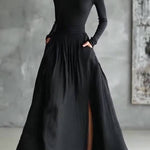 High-neck fitted pleated skirt