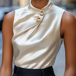 Sleeveless Buttoned Solid Color Stand Collar Tank Top