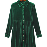 Green Long Sleeve Ruffle Velvet Button Up Shirt Dress
