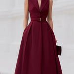 Luxe Burgundy Tailored-Collar Midi Dress