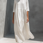Women's Elegant White Cotton And Linen Blend Round Neck Short-sleeved Maxi Dress