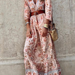 Pink Sexy Bohemian Floral V Neck Ruffle Maxi Dress