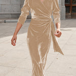 French design elegant long-sleeved evening dress gold velvet dress