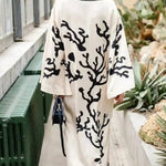 Exotic Locales Satin Unique Print Cutout Neck Wide Sleeve Kaftan Midi Dress