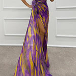 Amazing Views Watercolor Print Feather Rose Detail Off Shoulder Pleated Slit Maxi Dress