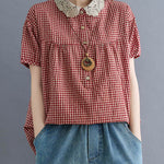 Cotton Blend Plaid Polo Puff Sleeve T-Shirts Tops