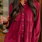 Burgundy Smocked Ruffle Tiered Button-up Shirt