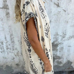 Linen Blend Unique Print Lapel Casual Pocket Mini Dress