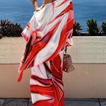 Island Girl Satin Printed Loose Slit Sleeve One Shoulder Top and Elastic Waist Pants Set