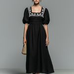 Women's Minimalist Square-neck Maxi Dress With Embroidery