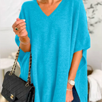 V Neck Loose Fit Solid Poncho Sweater