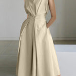 Sleeveless Solid Color Lapel Midi Dresses