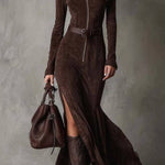 Vintage Brown Zipper Belted Maxi Dress