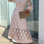 Romantic, Sensual and Elegant Crochet Lace Lantern Sleeve Party Midi Dress