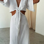 Lace-up Exposed Waist Cotton and Linen Dress