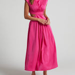 Cap Sleeve Belly-Hollow Pleated Solid Color Stand Collar Maxi Dresses