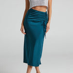 High-waist slimming zip-ruched satin skirt