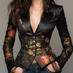 Elegant Oil Painting-style Floral Print Fitted Satin Blazer