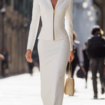 Long Sleeves Skinny Solid Color Zipper Notched Collar Blouses&Shirts Tops