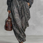 Women's Vintage Paisley Print Stand-up Collar Long Sleeve Shirt Trousers Two-piece Set