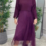 Fenna Ribbed Sequin Trim Batwing Sleeve Sweater and Pleated Tulle Stretch Tank Midi Dress Two-piece Set