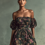 Women's Chiffon Floral Print Bandeau Short Sleeve Waist Jumpsuit