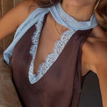 Sunday Social Contrast Color Satin Lace Trim Neck Strap Loose Tank