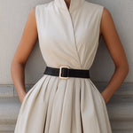 Sleeveless High-Neck Belted A-Line Midi Dress
