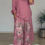 Linen Blend Crew Neck Long Sleeve Irregular Loose Top and Elastic Waist Floral Print Casual Pocket Set