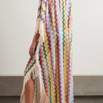 Mezcal Knit Colorful Zigzag Pattern Tassle Trim Loose Kaftan Maxi Dress