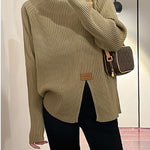 Long Sleeves Loose Split-Front Mock Neck Pullovers Sweater Tops