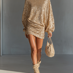 Women's Gold Sequin Loose Lantern Sleeve Mini Dress