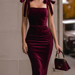 Luxe Burgundy Velvet Tie-Shoulder Midi Dress