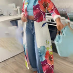 Long Sleeves Loose Buttoned Flower Print Lapel Maxi Dresses Shirt Dress