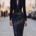 Midnight Velvet & Sequin Contrast Midi Dress