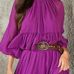 Flared Sleeves Loose Pleated Solid Color Split-Joint Round-Neck Maxi Dresses