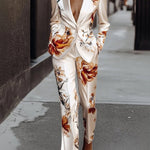 Long Sleeves Buttoned Flower Print Notched Collar Blazer Outerwear