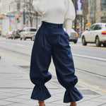High Waisted Pleated Pockets Ruffle Trim Solid Color Pants