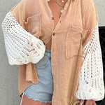 CHARCOAL GREEN CROCHET SLEEVE BUTTON UP
